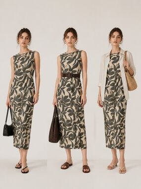 See You Monday Sleeveless Leaf-Print Midi Dress in Beige and Olive